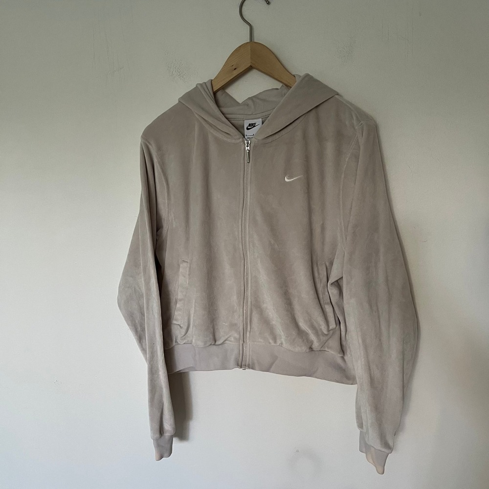 Nike Sportswear Women Velour Full Zip Hoodie Beige Oatmeal Cropped Small